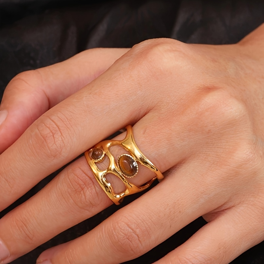 Vintage Stainless Steel Ring with Brown Stone Inlay