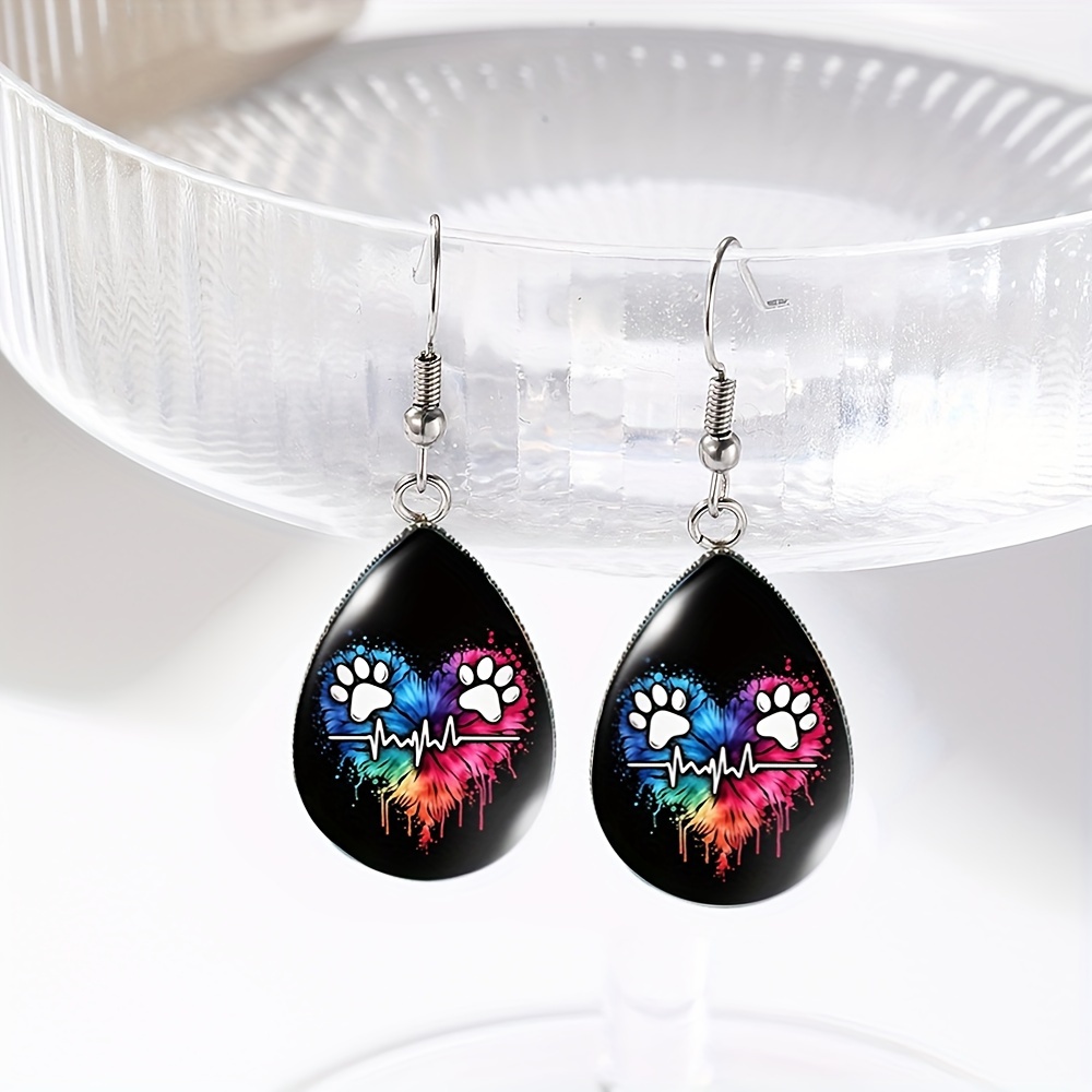 TEMU A Pair Of Handmade Glass Earrings In Of Cat Paws With A Heart Rate And Design, Featuring A Minimalist Style