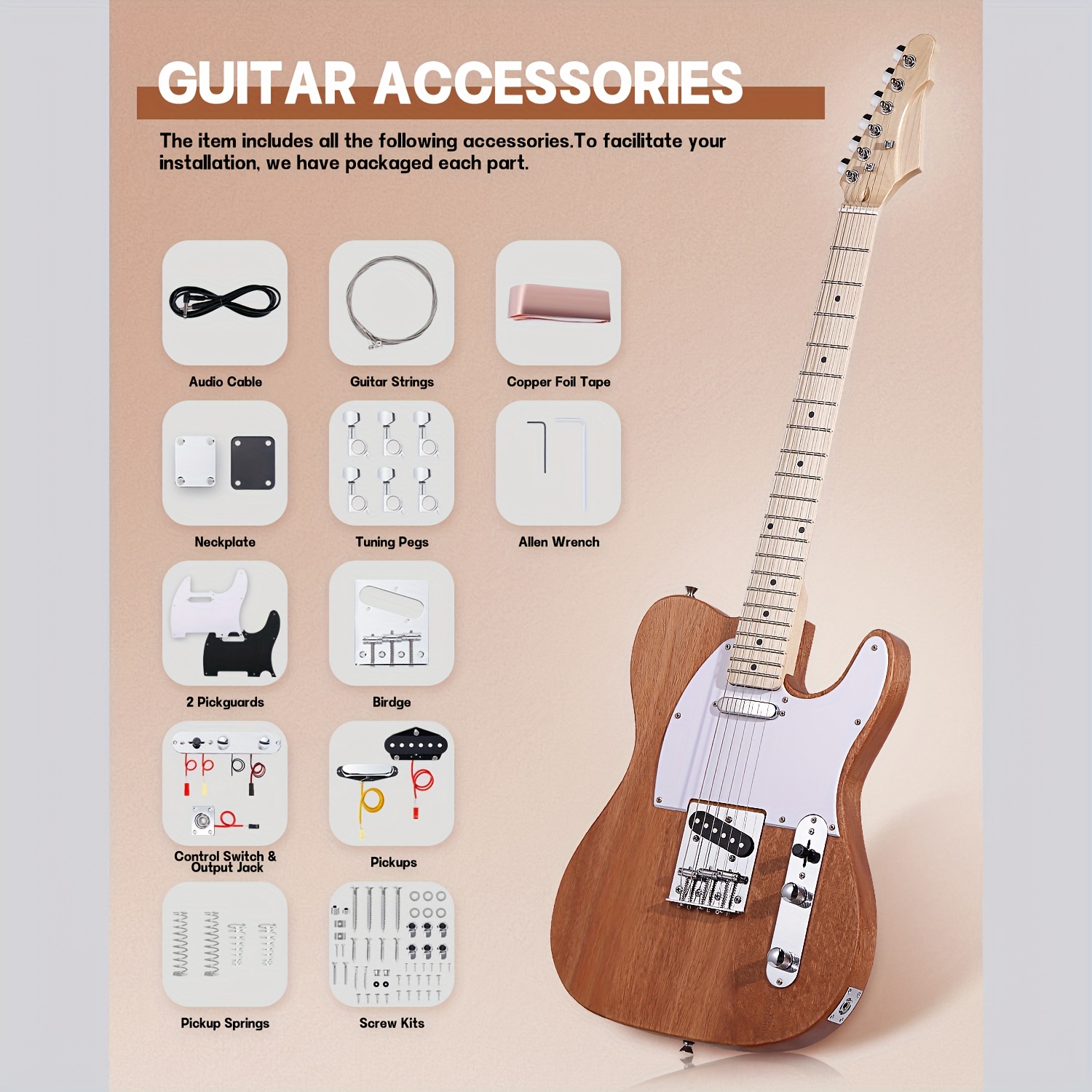 Leo Jaymz DIY Electric Guitar Kit - Mahogany Body, Ebony Fretboard, 1pc S-H Pickup Configuration - Fixed Bridge, Fully Enclosed Tuning Pegs, 21 Frets, Maple Neck, Room Electrical Wiring