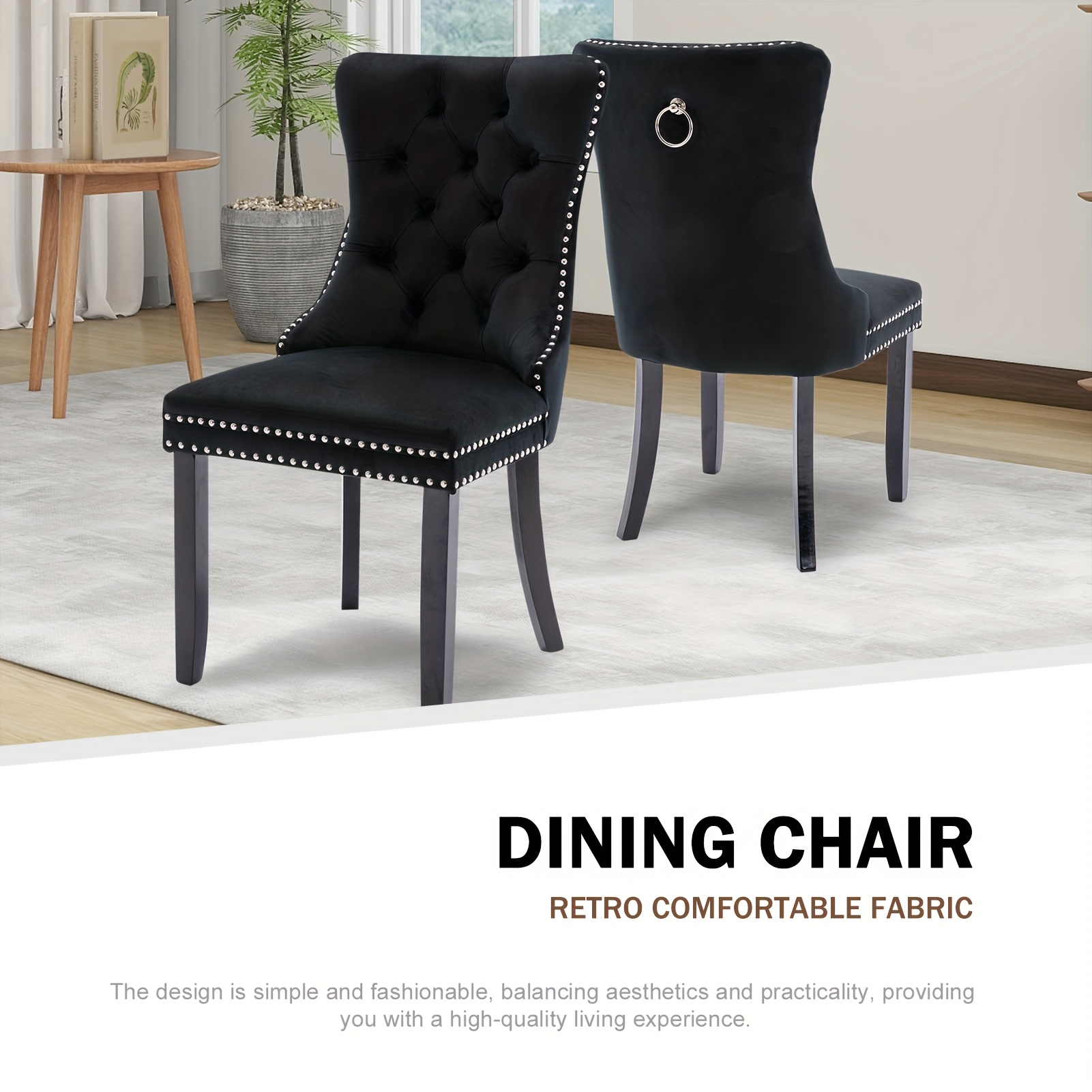 Velvet Upholstered Dining Chairs Set Of 2, Wingback Dining Room Chairs with Ring Pull Trim And Button Back, Luxury Tufted Dining Chair for Living Room, Bedroom, Kitchen