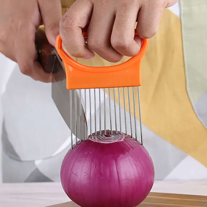 Versatile Stainless Steel Onion Slicer & Meat Tenderizer - Perfect for Vegetables, Potatoes, Tomatoes & Lemons - Ergonomic Full Grip Handle Kitchen Tool, Holder, Cutting Tool, Gadget