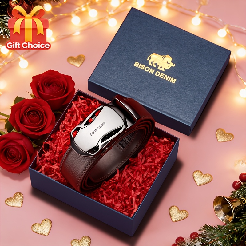 BISON DENIM Men'S Automatic Buckle Casual Belt | Second Layer Cowhide, Business Formal, Daily Multi-Functional, Adjustable, Genuine Leather, Zinc Alloy Golden Buckle, Gift Box, Suitable for Valentine'S Day and Christmas Gift