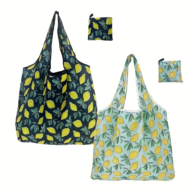 

2pcs Large Lemon Pattern Reusable Shopping Bags, Foldable And Machine Washable, Lightweight Tote Bags In Colors, Handbags