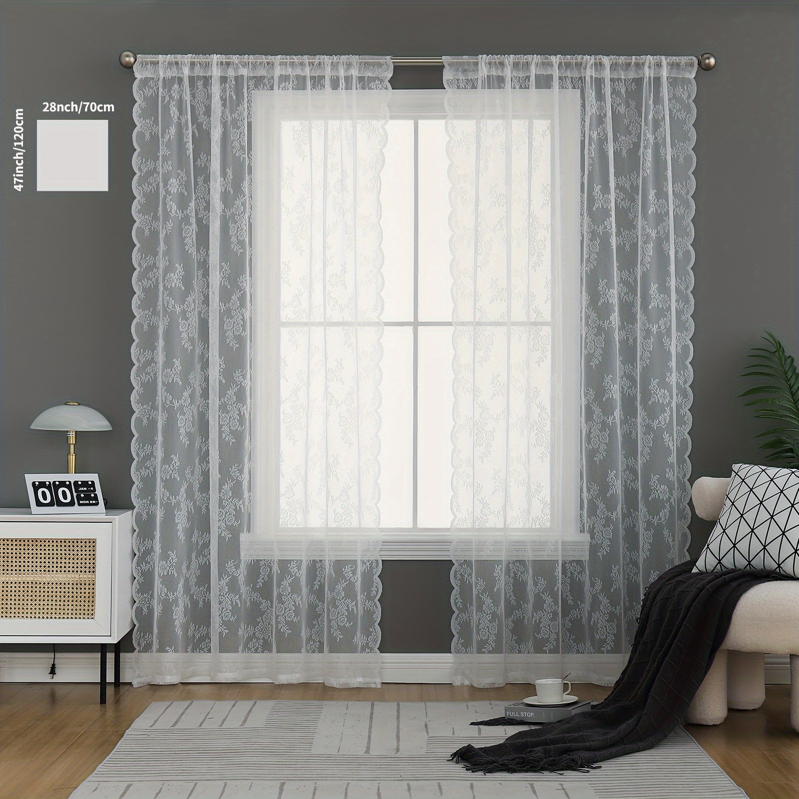 2pcs Floral Lace Sheer Rod Pocket Curtain Panel Floral