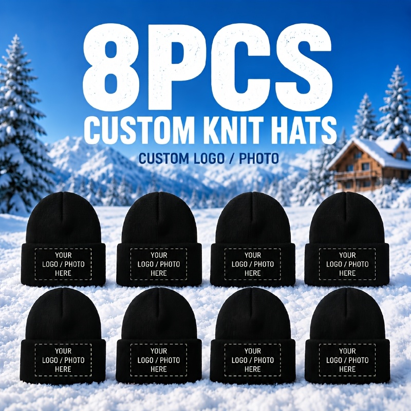 TEMU 8pcs Custom Logo/photo Brimless Hats, Personalized Knitted Caps, Winter Warm Ribbed Hats, Unisex Cold Hats, Suitable For Outdoor Daily Wear And