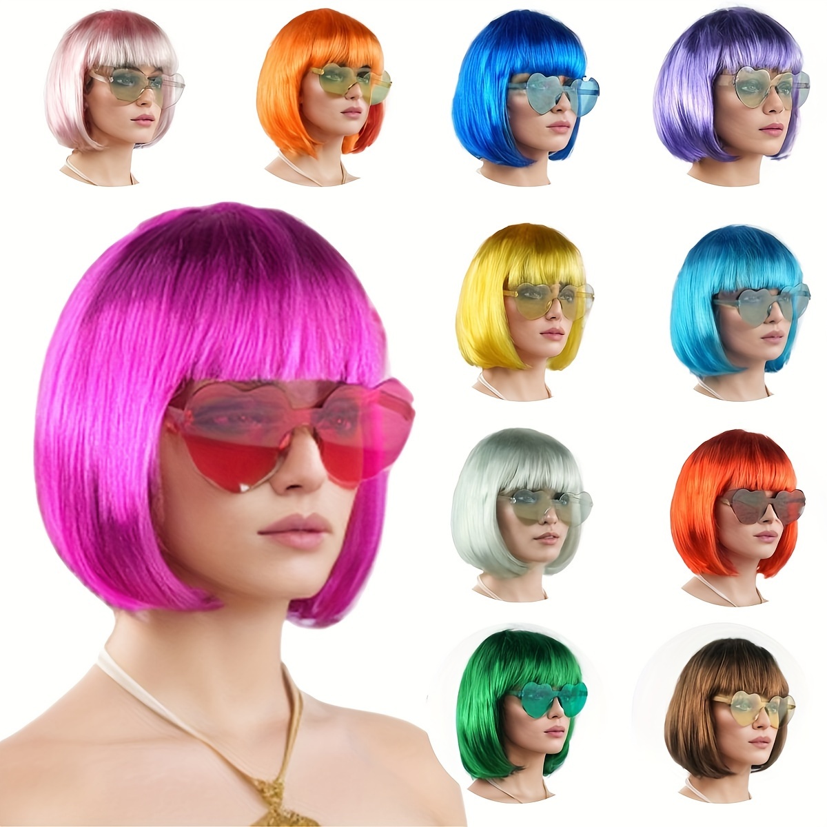 

Halloween Costume Accessory Kit: Colorful Short Bob Wig, Frameless Glasses & - Cosplay & Parties