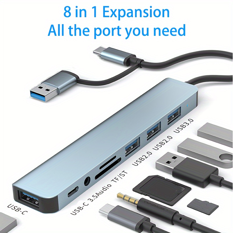 

8 In 1 Multiport Adapter With 1 Usb 3.0, 3 Usb 2.0, 1 Usb C, Sd/tf Card Reader, 3.5mm Audio/mic Jack For Macbook - Multi-functional Expansion Accessory 5.31 Inches Cable