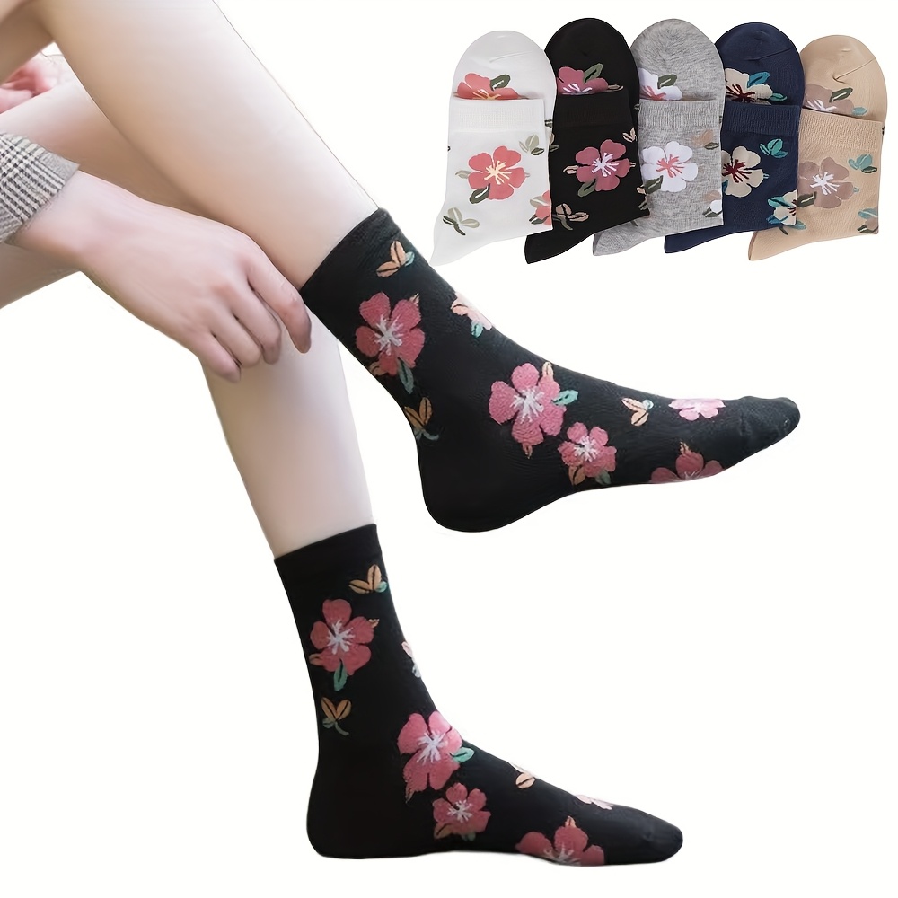 TEMU 5 Pairs Vintage Floral Patterned Socks Womens Crew Socks Novelty Ankle Warm Casual Dress Socks