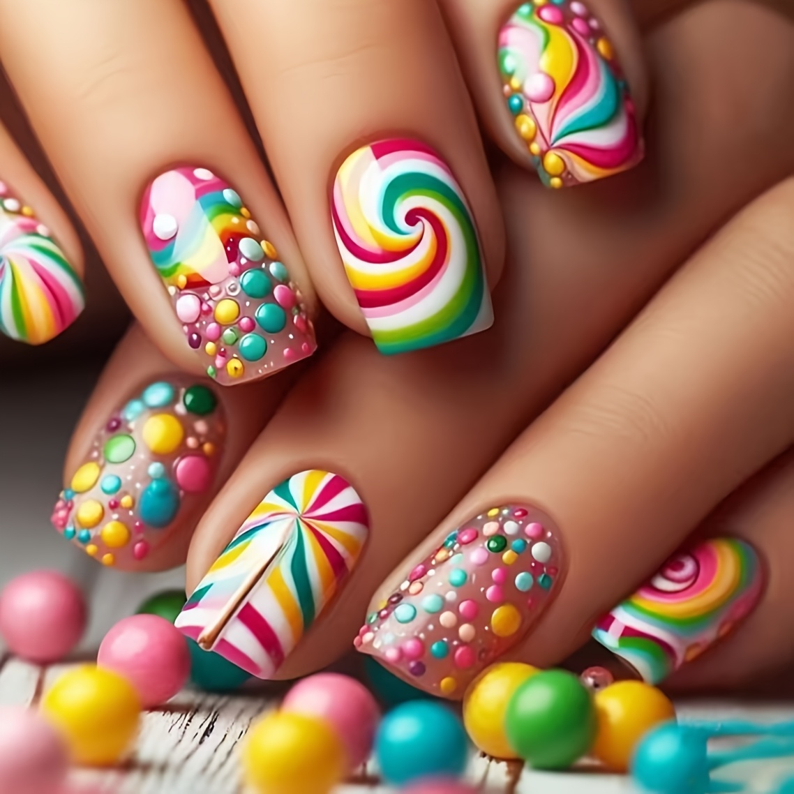 Rainbow-colored Swirl Super Beautiful Square 24pcs Removable Nail Stickers