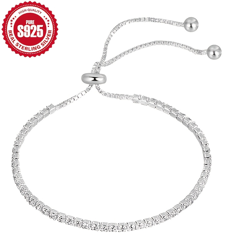 Image of Adjustable Chain Bracelet With S925 Pure Silvery Shining Synthetic Zirconia For Women Engagement Jewelry Gift, Silvery Weight 2.8g
