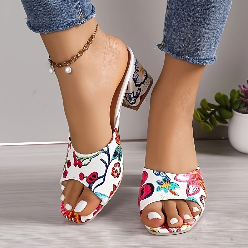 

Women's Chunky Heeled Sandals, Floral Pattern Peep Toe Slip On High Heels, Versatile Summer Going Out Sandals