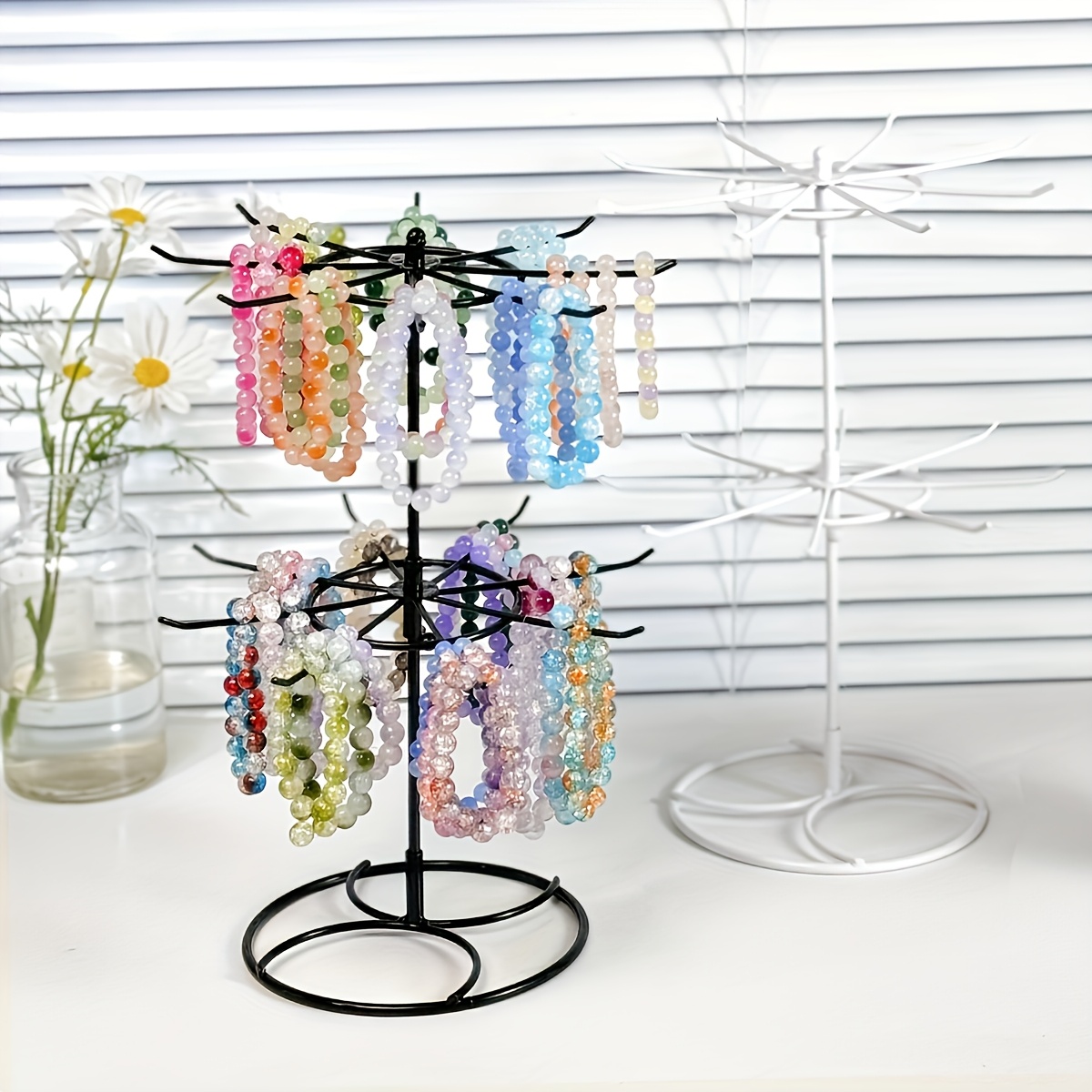 

An Iron Double-layer Rotatable Jewelry Display Stand With 16 Hooks, Basic Round Design, 360-degree Rotating Bead Bracelet Display Stand, Diy Handicraft Storage Organizer, Easy To - 1pc