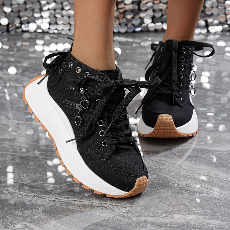 TEMU Increasing Thick Bottom Breathable Fabric Round Toe Comfortable Shoes, Zipper Closure Durable Pvc Outsole - Versatile Spring Casual Outdoor