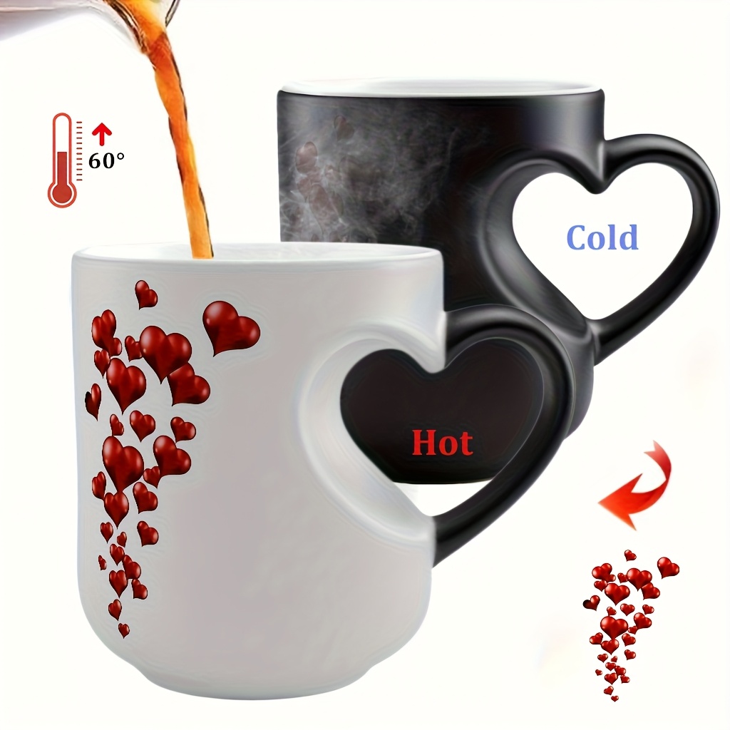 1pc High Quality Heart Shape Change Ceramic Mug, Thermal Conversion From Hot To Cold Drinks, White With Black , Perfect Gift For Valentine's Day, Christmas Or Holidays, Birthday Gift