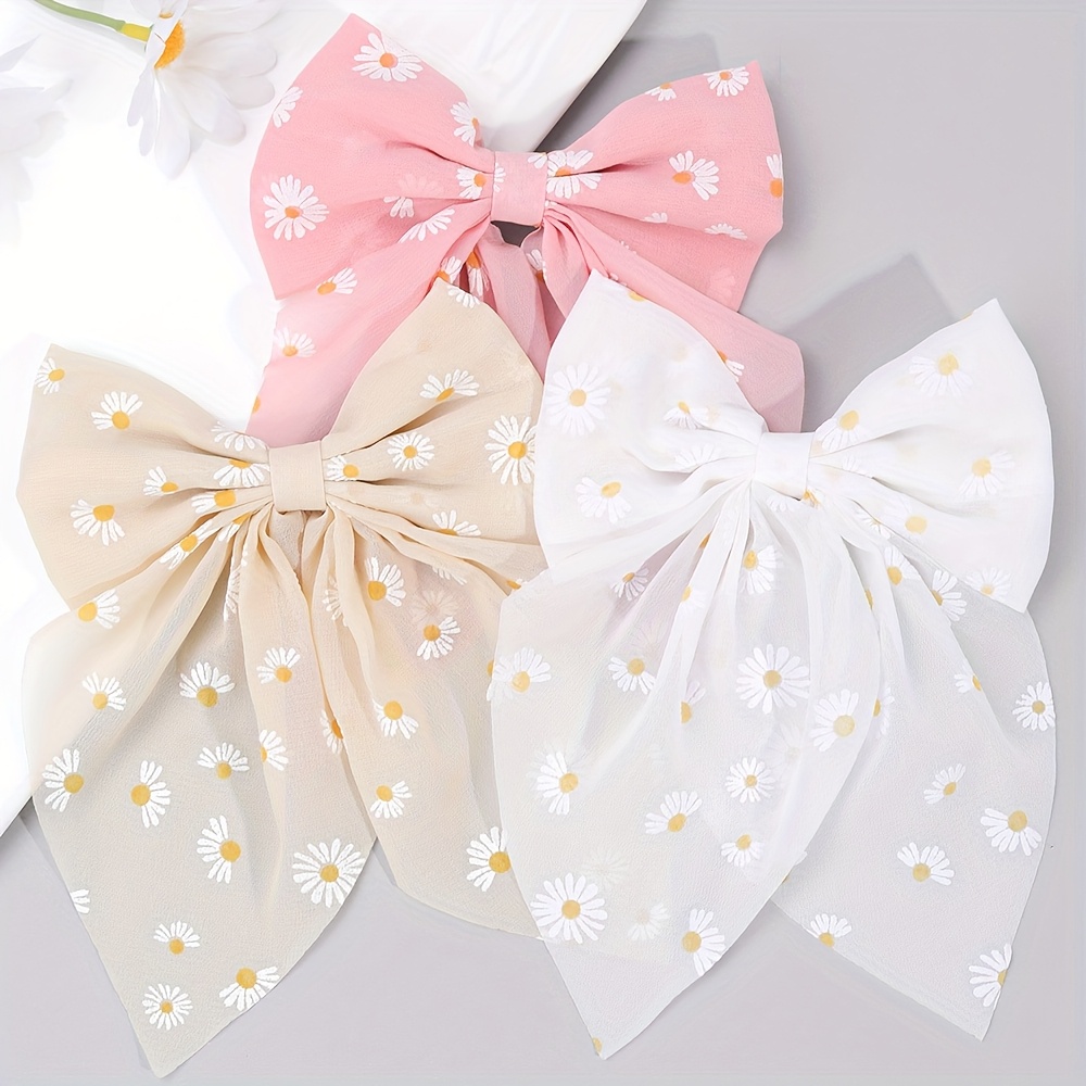 Image of 3pcs Elegant Daisy Style Bow Hair Clips For Floral Tulle Polyester Bow Barrettes Ponytail Decor Daily Casual Additions For
