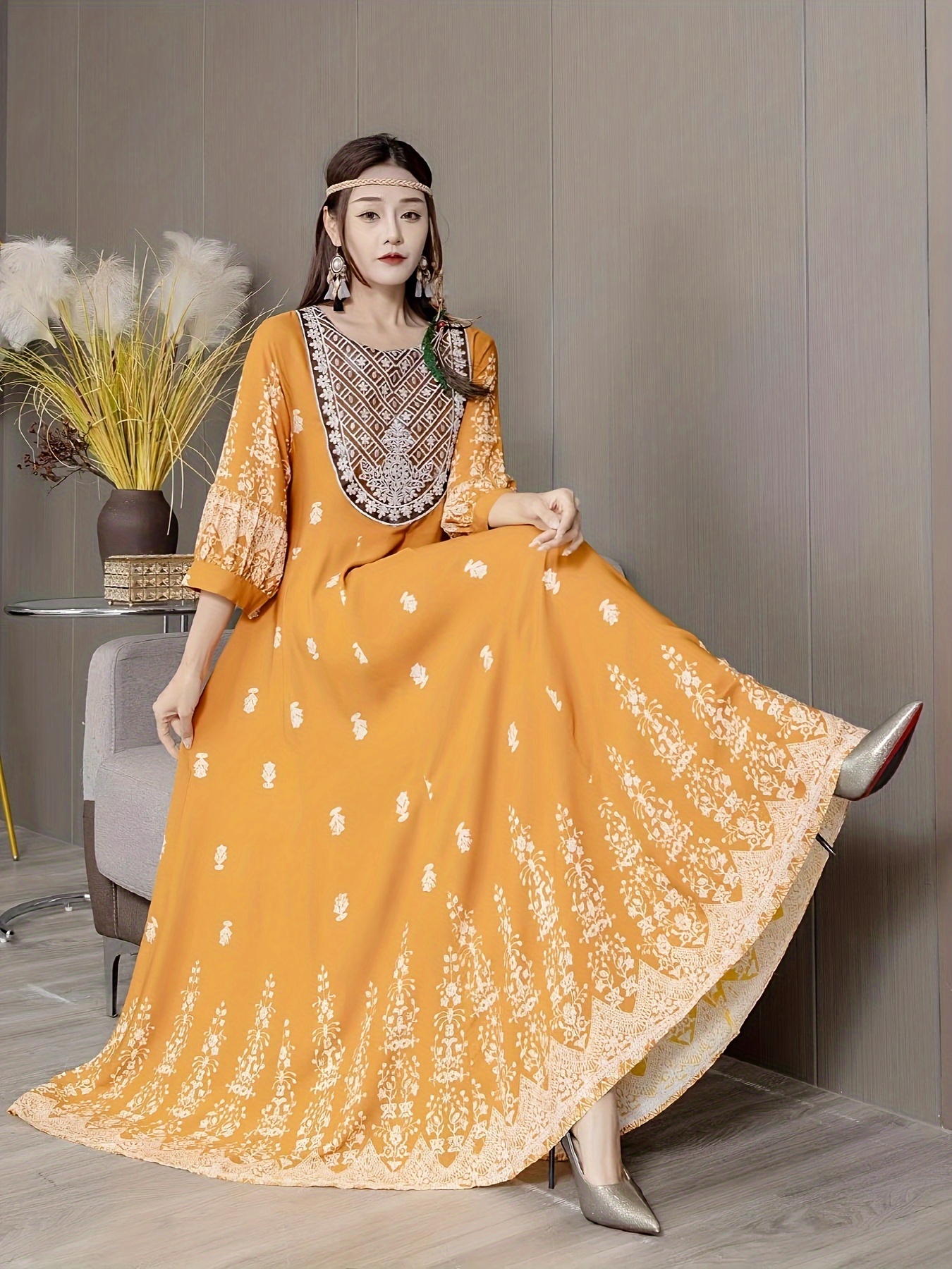bohemian embroidered maxi dress vintage style floral - Temu Oman