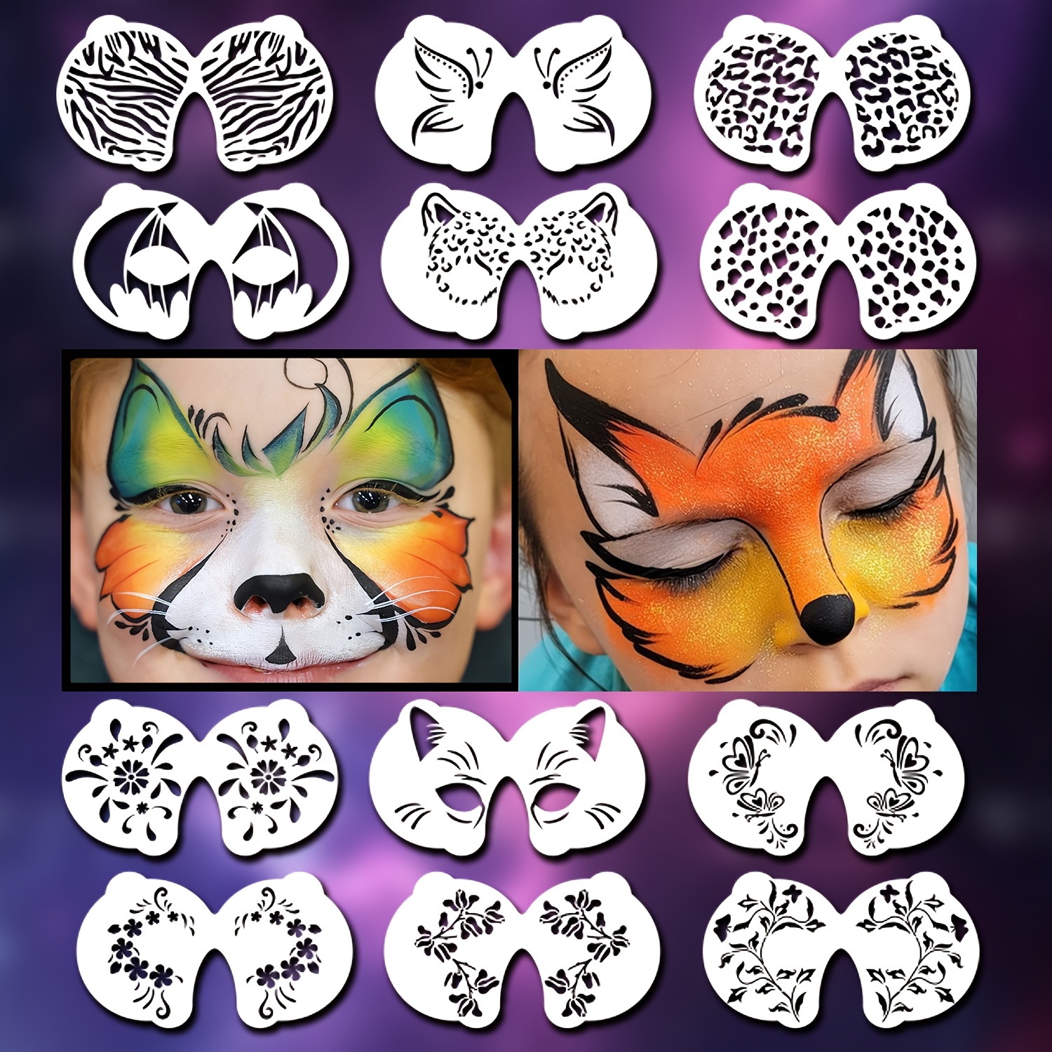 

12-pack Face Painting Stencils, Easy-to-use Reusable Templates For Halloween Party/carnival - Assorted Animal And Abstract Designs, Washable Loose Sheets