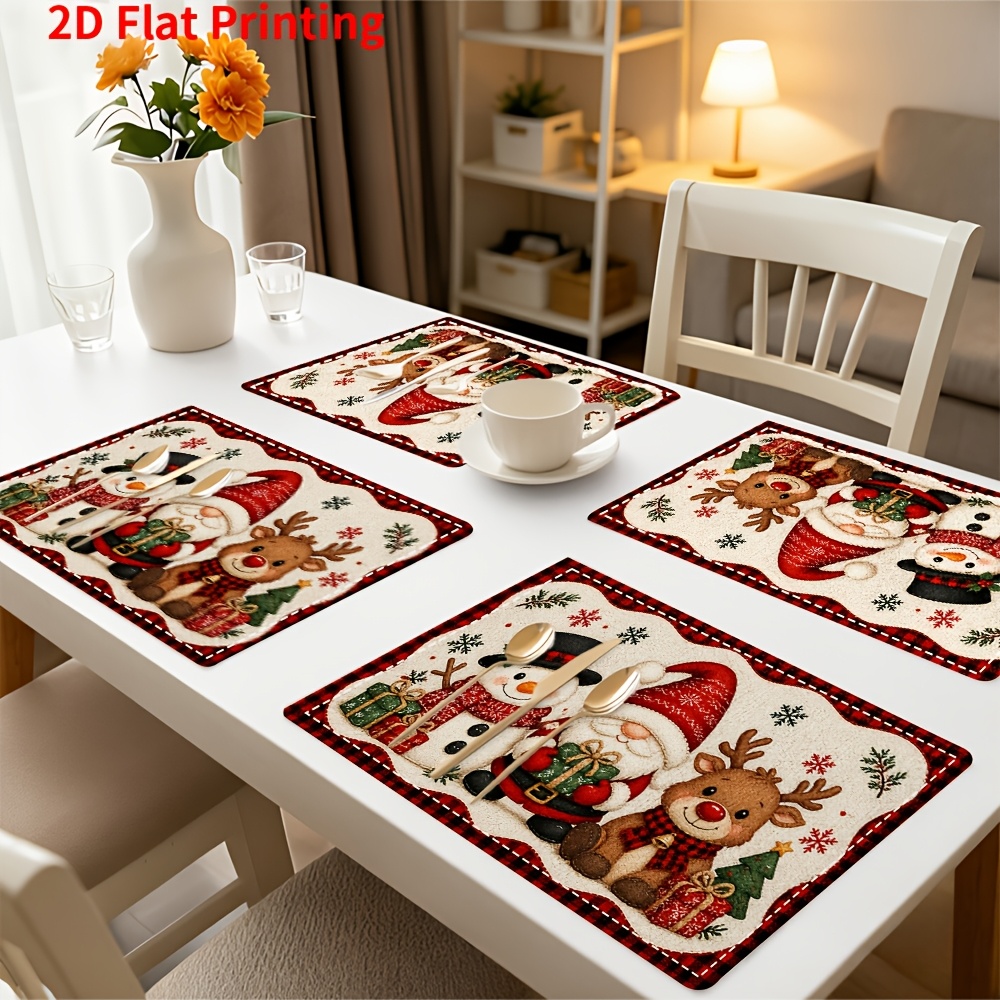 TEMU 4pcs Snowman Gnome And Reindeer With Snowflakes Pattern Tablecloths Suitable For Home Decoration Festive Banquets Kitchen And Party Setups This