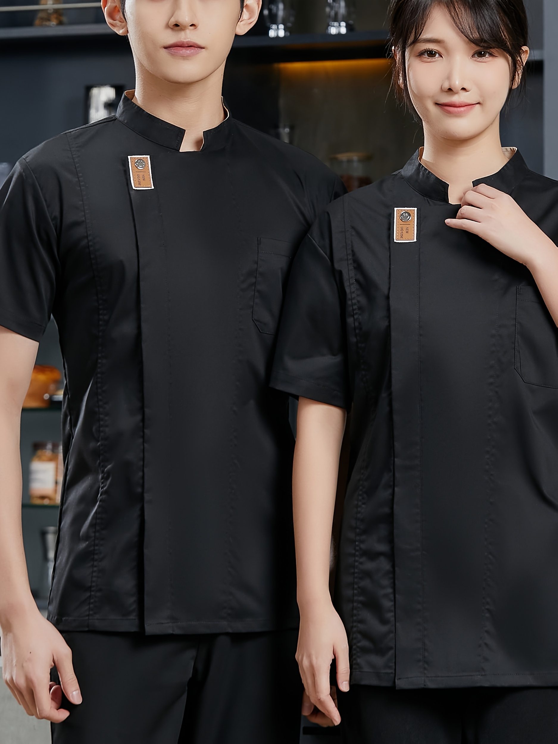 professional   uniform short sleeve jacket with pockets stand collar polyester fabric ideal for kitchen baking and restaurant   cafeteria clothing   apron machine washable uniform 0