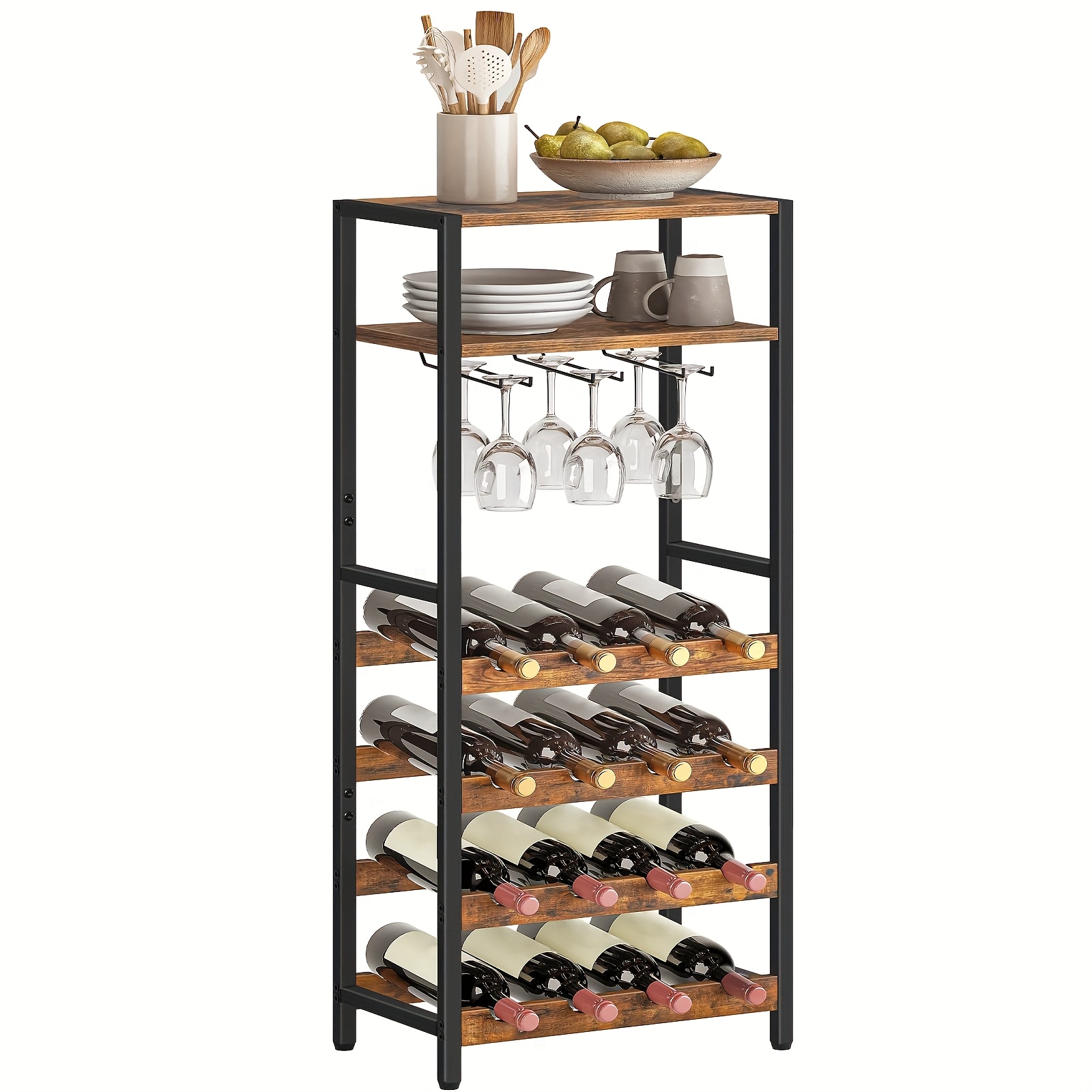 Wine Storage Unit - Independent Wine Storage Solution Accommodates 16 Bottles With A Surface And Glass Holder, Ideal For Organizing Wine Bottles In Kitchens, Bars, Eateries, And More