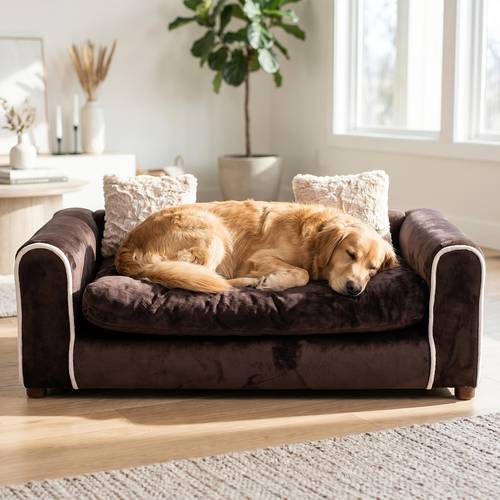 Large Pet Sofa Bed with Pillow for Medium Large Dogs Cats, Fluffy Plush Couch, Removable Washable Cover, Soft Support for Living Room Bedroom Home Office, Indoor Pet Furniture