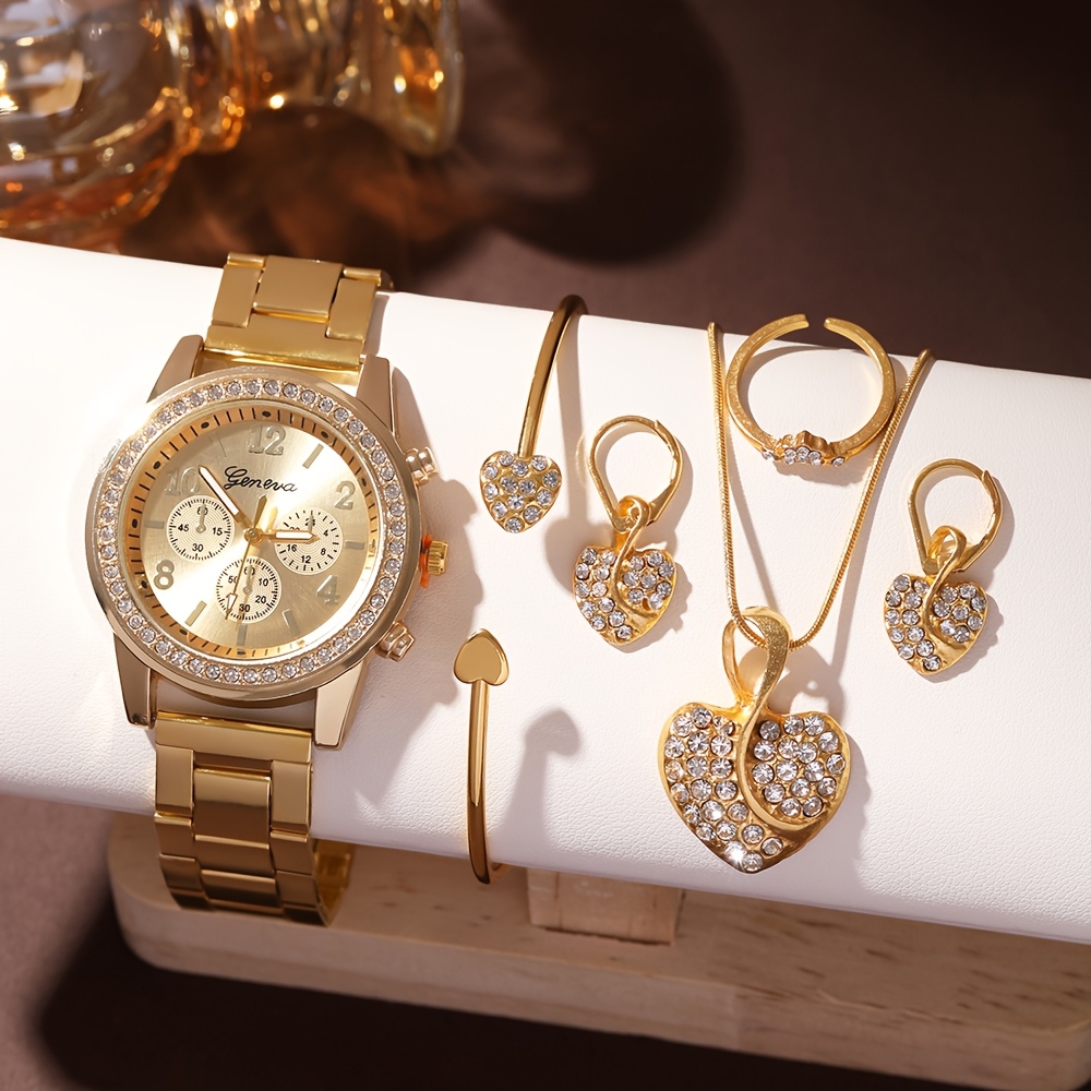 6pcs Elegant Women's Quartz Watch Set with Heart-Shaped Jewelry, Perfect Gift for Ladies, Non-Adjustable Alloy Strap, Classic Bar Markers Round Dial, Ideal Gift for Sisters and Mothers, Suitable for Ramadan or Casual Attire, No Packaging Box Included, Middle East Special Edition