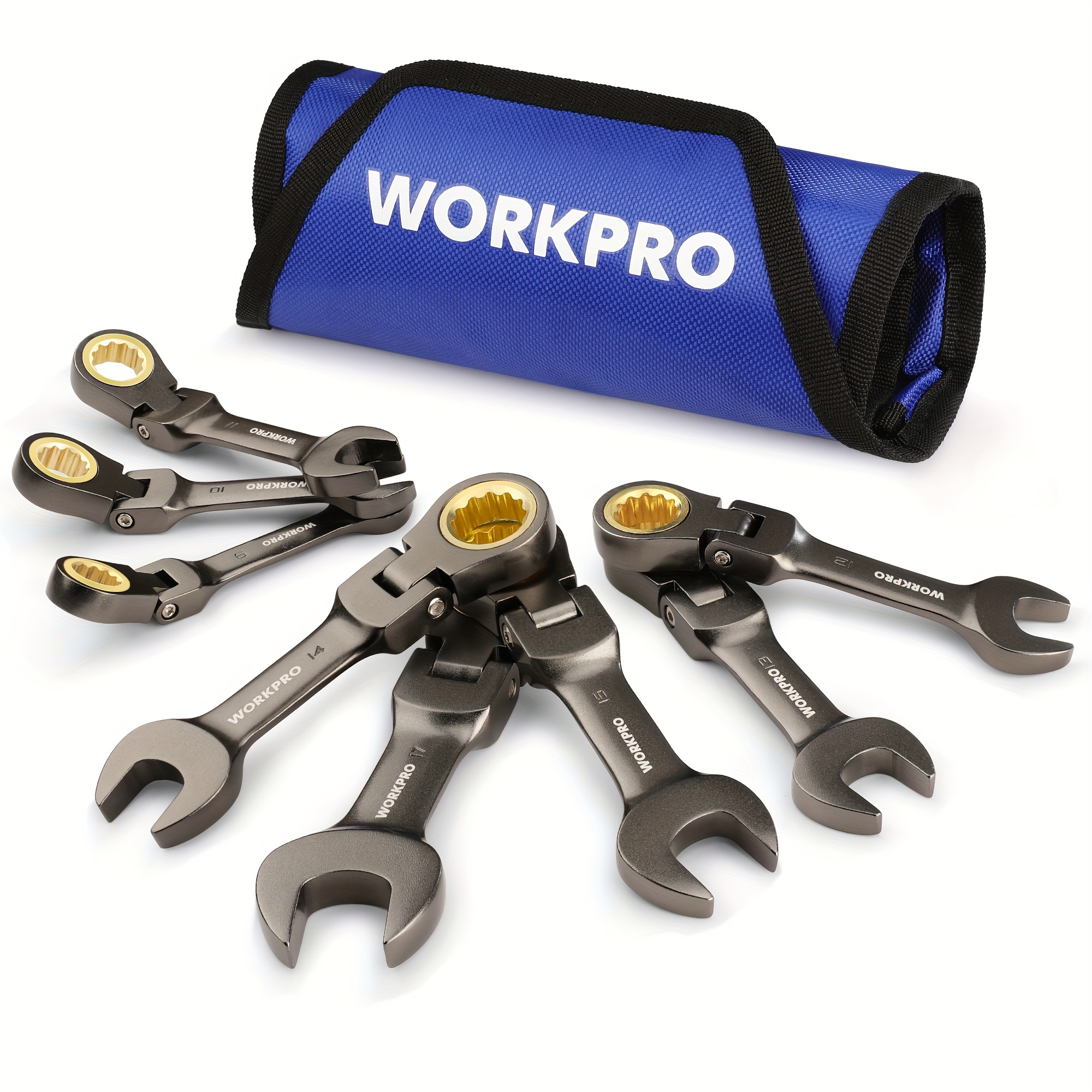 

Workpro 8-piece Flex-head Stubby Ratcheting Combination Wrench Set, Metric 9-17 Mm, 72-teeth, Crv, Nickel Plating With Rolling Pouch