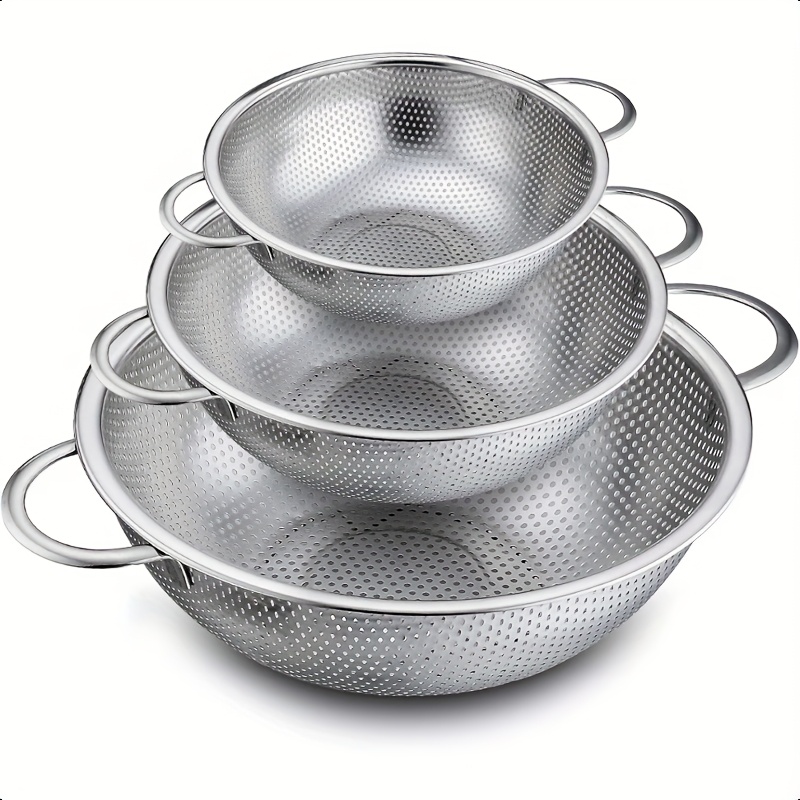 TEMU 3pcs Stainless Steel Colander Metal Colander Strainers And Colanders - Colander Set, Sturdy Construction, Food Drainer, Ideal For Pasta