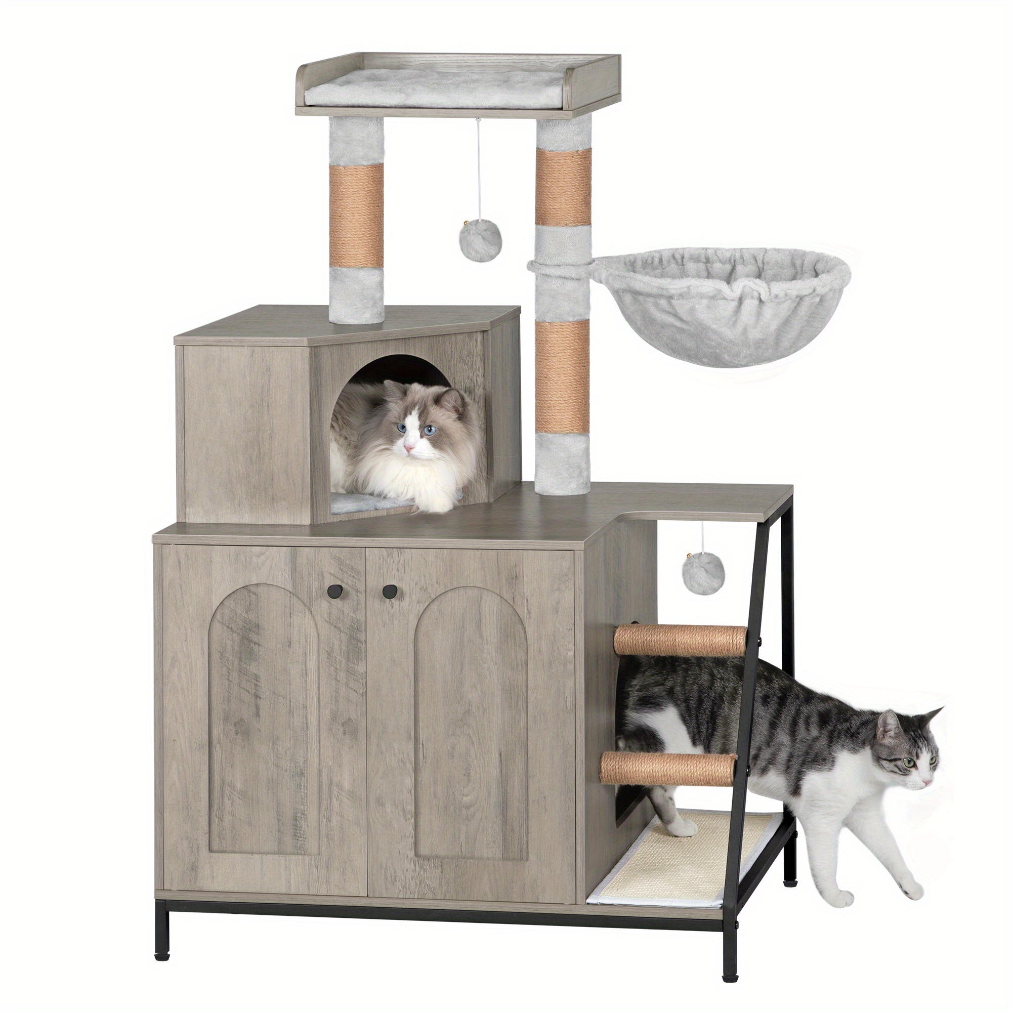 Cat Tree With Litter Box Cabinet, Cat Cabinet, 4-in-1 Modern Cat House With Large Platform, Cat House With Sisal Scratching Mat, Posts, Stairs And Pompom, Washable Cushions