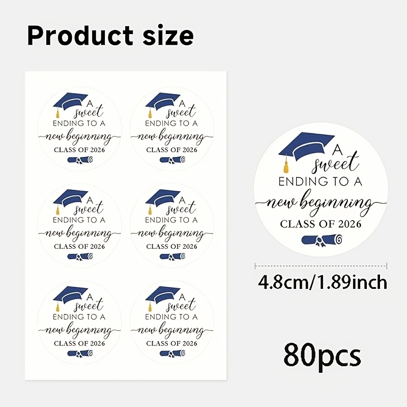TEMU 80pcs Paper Graduation Stickers – Blue "sweet , New Beginning" 2026 Graduating Class Round Gift Tags, Invitation And Favor Tags, Suitable For