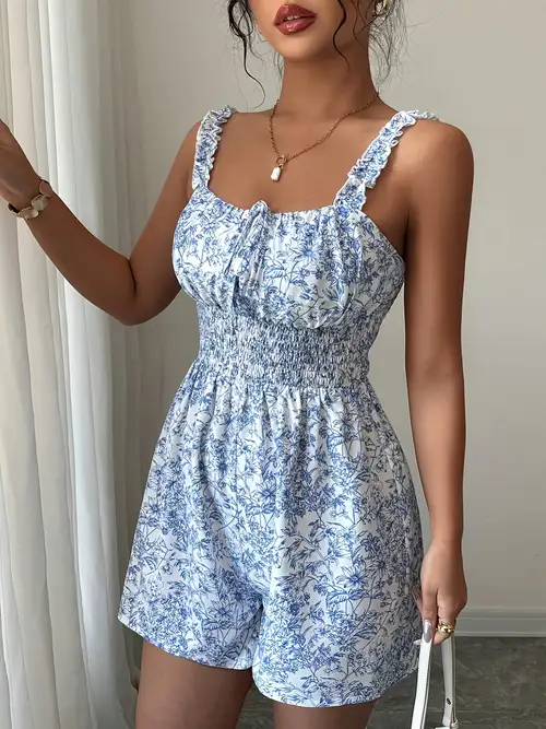 Women's * and White Floral Print Ruched Waist *-Fit Jumpsuit with Ruffle Hem for Casual Vacation Wear Women's * and White Floral Print Ruched Waist *-Fit Jumpsuit with Ruffle Hem for Casual Vacation Wear