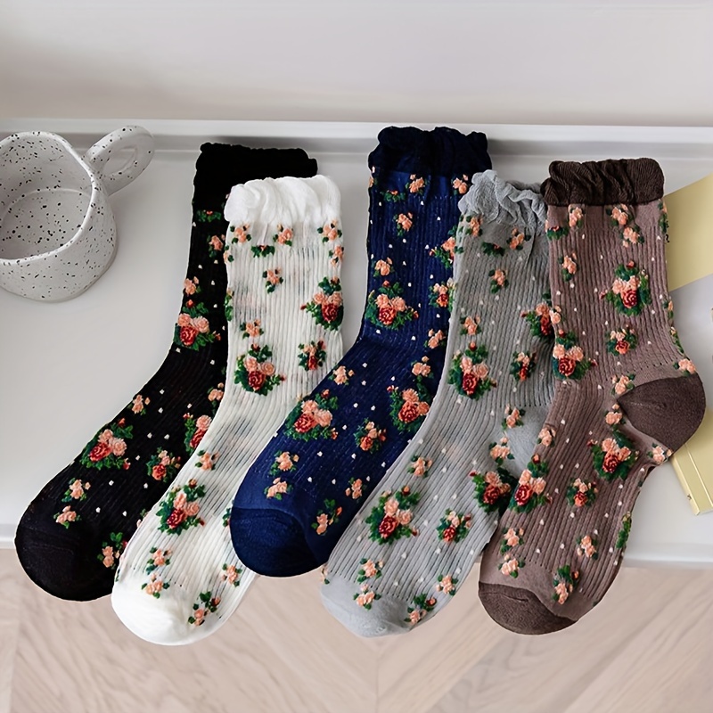 

5 Pairs Ditsy Floral Socks, Cute & Elegant Ruffle Mid Tube Socks, Women's Stockings & Hosiery