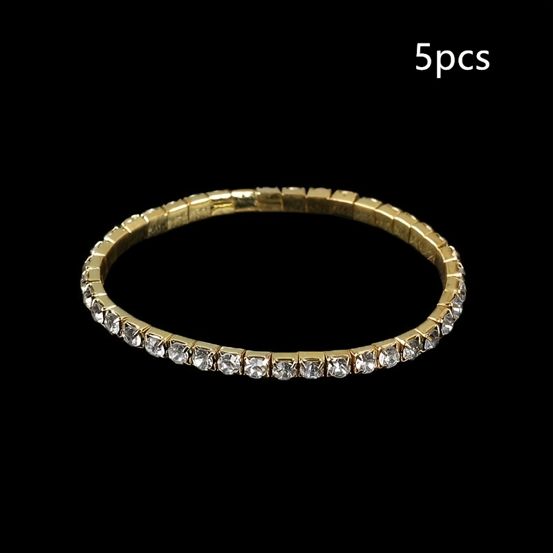5pcs Set Of Sparkling Silvery Rhinestone Stretch Bracelets For Women, Bridal Wedding Party Jewelry