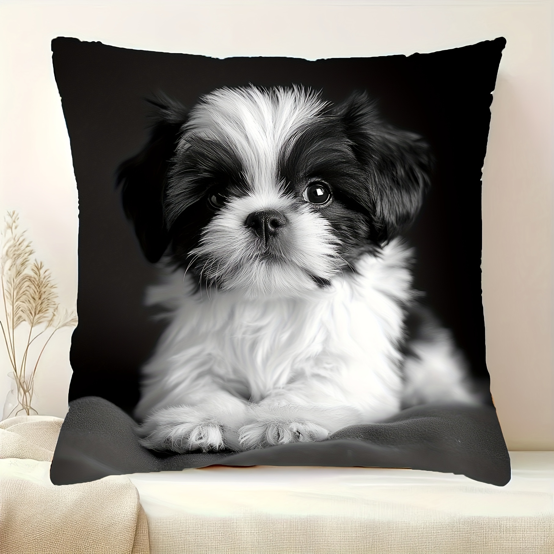 TEMU 1pc 2d Single-sided Sissy Puppy 18x18 Inch Black And White Printed Pillow Cover - Short Plush, Invisible Zipper, Machine Washable - Ideal For