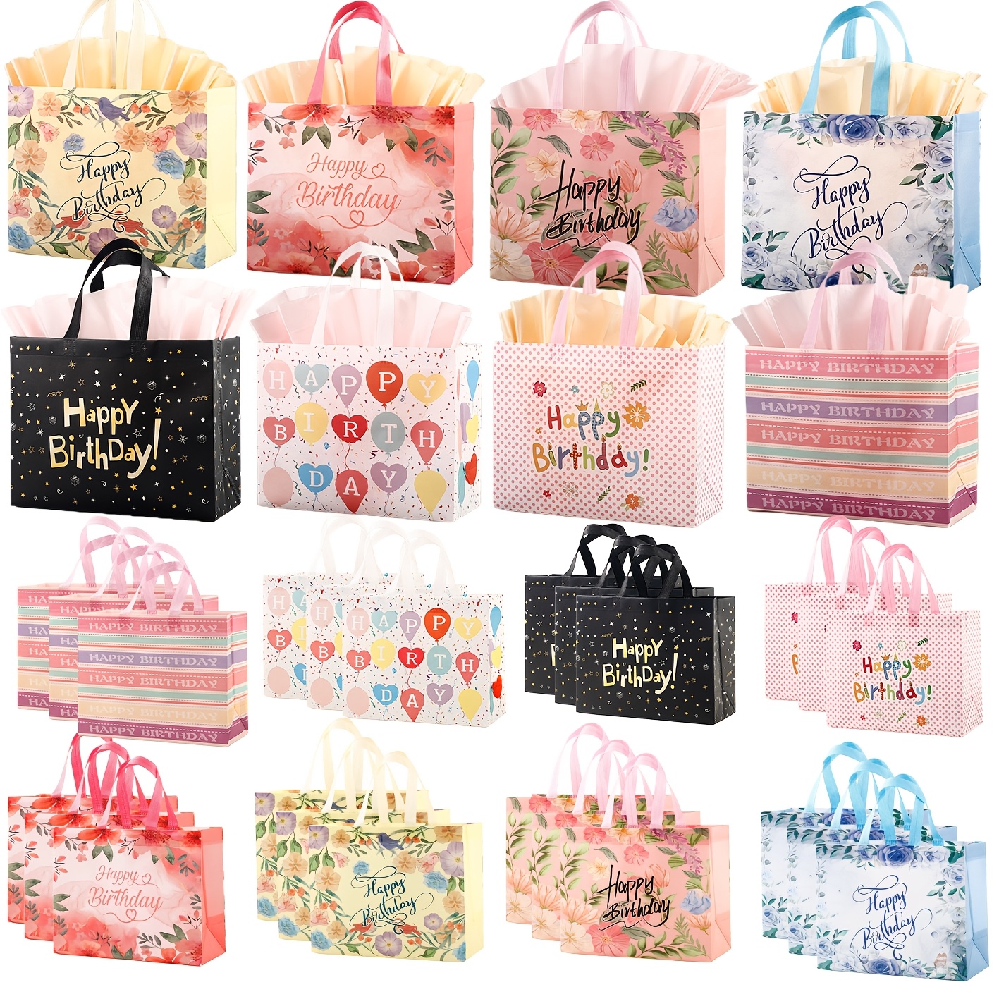 

8/16/24pcs Birthday Gift Bags, Large Size Vintage Black, Golden, And Gift Bags For Happy Birthdays, Non-closure Design, Holiday Shopping, Reusable Wraps For Women's Fashion Accessories.