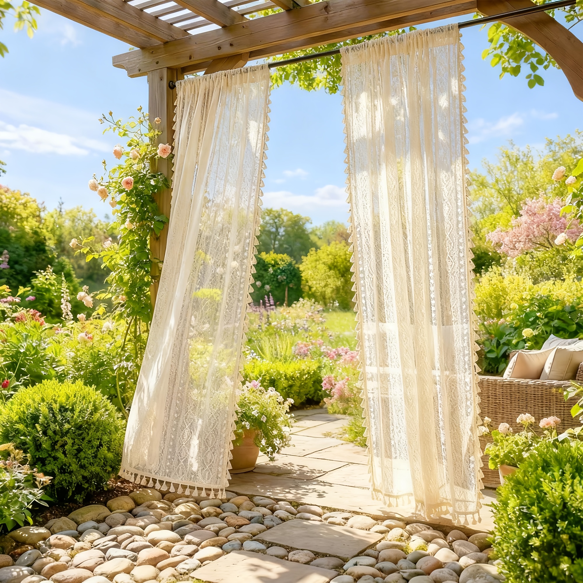 TEMU 2pcs Set, Outdoor Bohemian Sheer Curtains For Patio, Featuring Chic Matching Lace Trim, Lightweight And Cost-effective Fabric, Breathable And ,