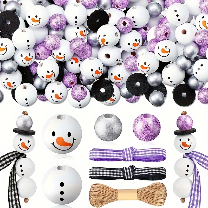 

Christmas Snowman Wooden Beads Set – 90-piece Festive Shiny Wood Bead Assortment With Printed Patterns For Diy Crafts, Holiday Decorations & Garland Making With Natural Jute Rope Included