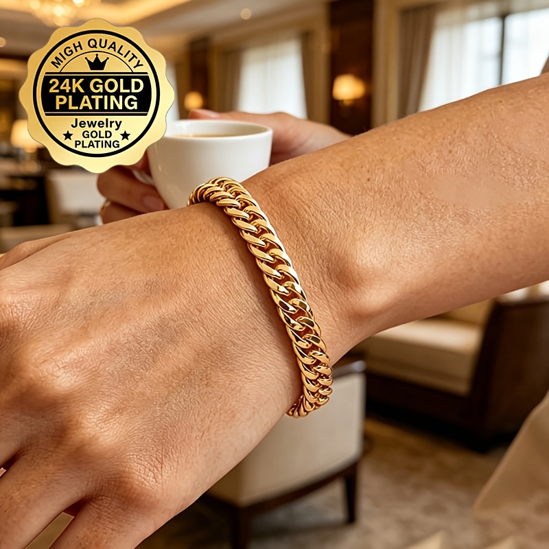 TEMU A Stylish 24k Golden Plated Golden-plated Bracelet, Golden-, Classic Hip-hop Fashion, Suitable For Layering With Heavy Jewelry, Piece For Daily