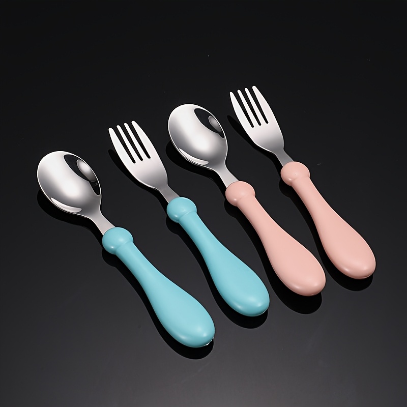 

2pcs Bpa-free Kids Cutlery Set, Stainless Steel , White, Cute Feeding Utensils