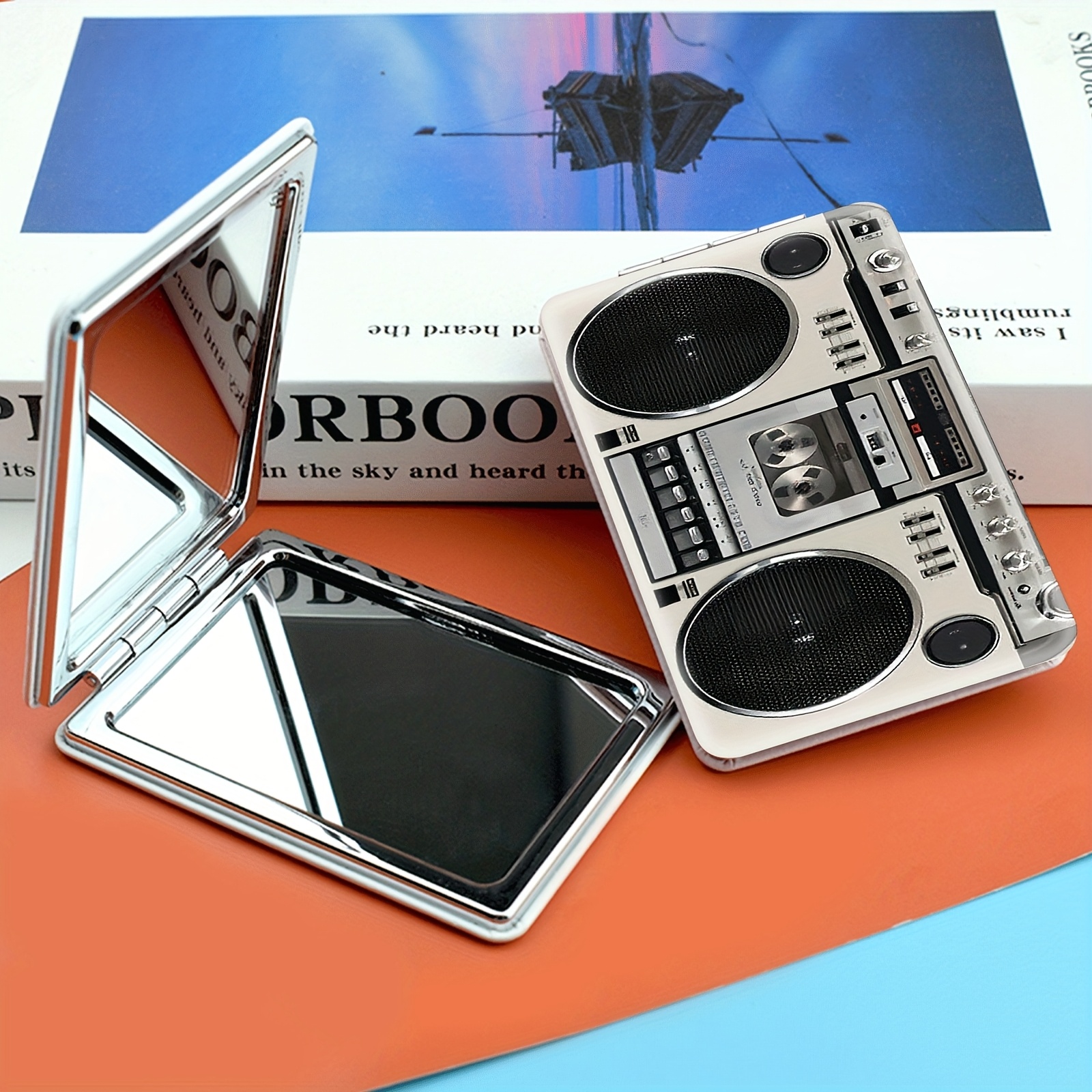 TEMU A Portable Makeup Mirror - Double-sided, Foldable, Handheld Design, Showcasing Retro Dual Cassette Tape Recorder . This Nostalgic Audio-visual