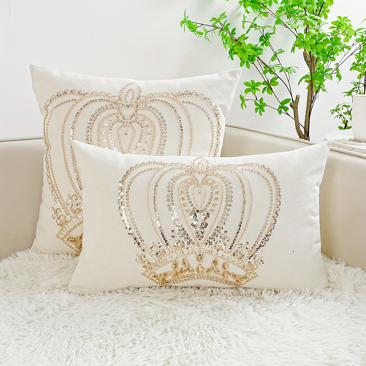 

Charming Sequin Crown Embroidered Pillow Cover - Machine Washable, Zip Closure, Versatile Room Accent For Home & Living Spaces
