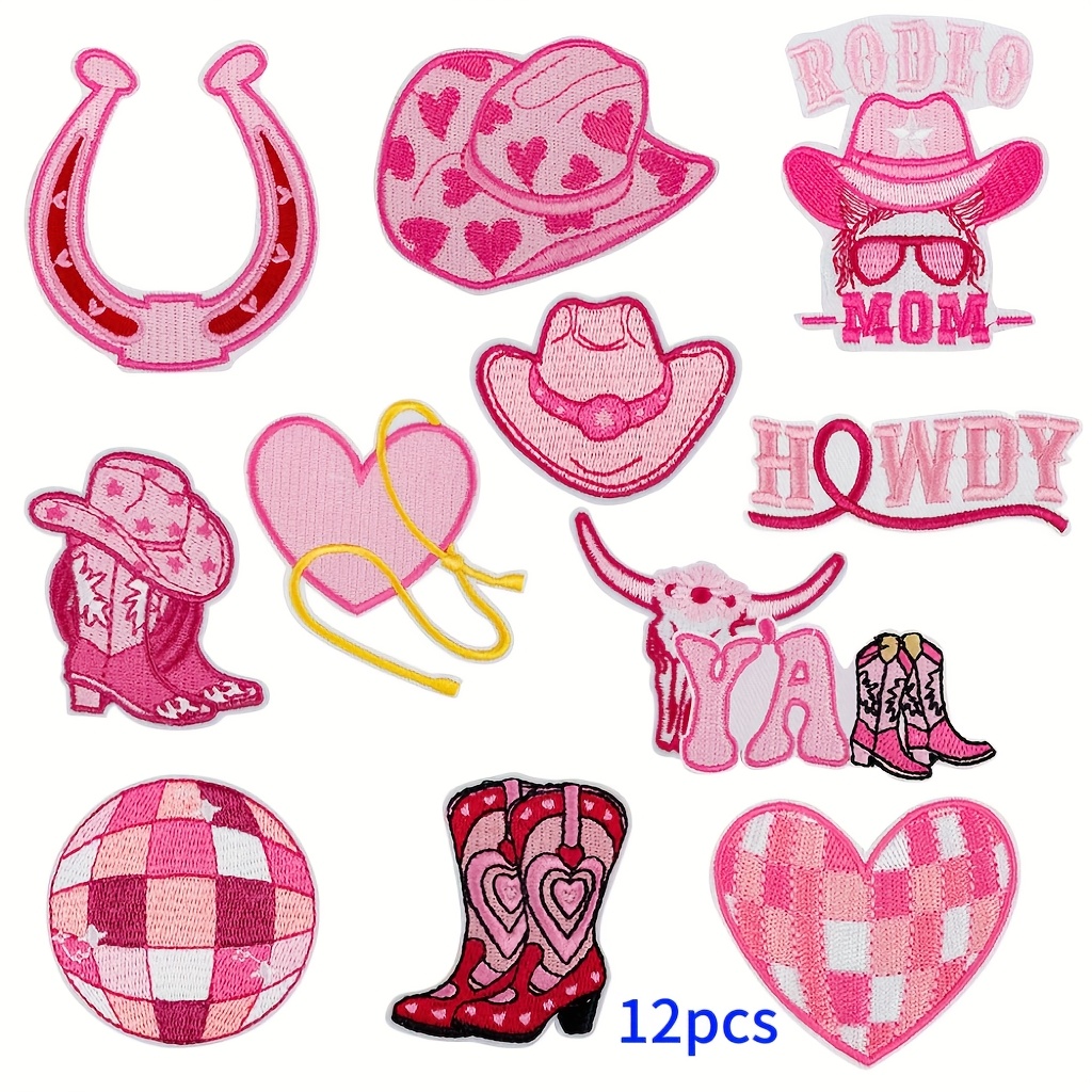 E-shop 12/24 Stück Neues Kreatives Rosa Western Cowboy Themen Set Gestickte Stoffaufkleber Kleidung Schuhe Hüte Gestickter Patch Aufkleber Bügeln Oder