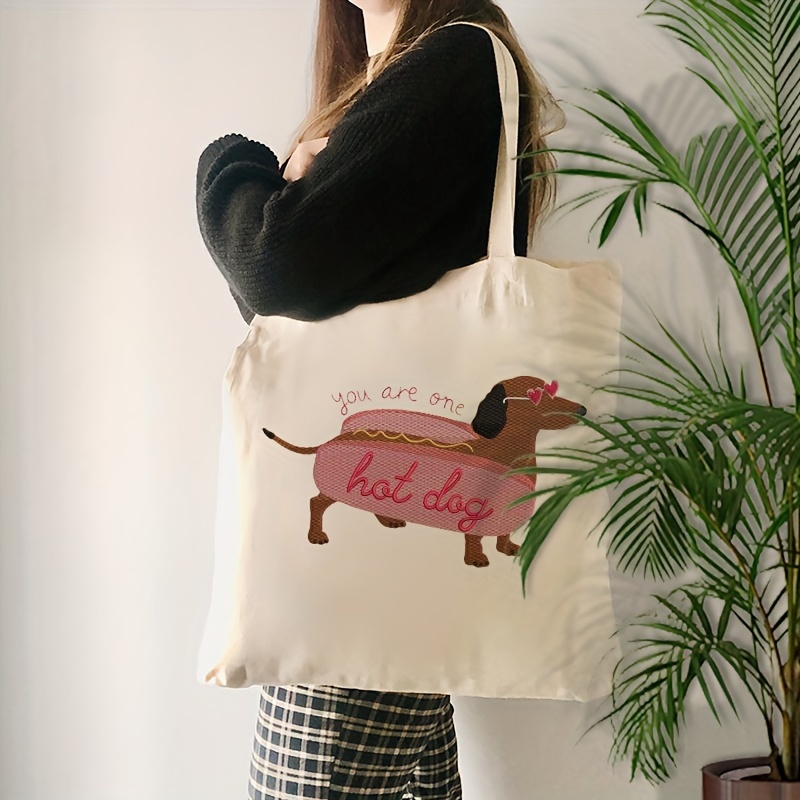 

1pc Embroidered Valentine Dog Pattern Tote Bag, Canvas Shoulder Bag For Travel & Daily Commute, Shopping Luggage Bag, Trendy Folding Handbag, Ideal Choice For Gift