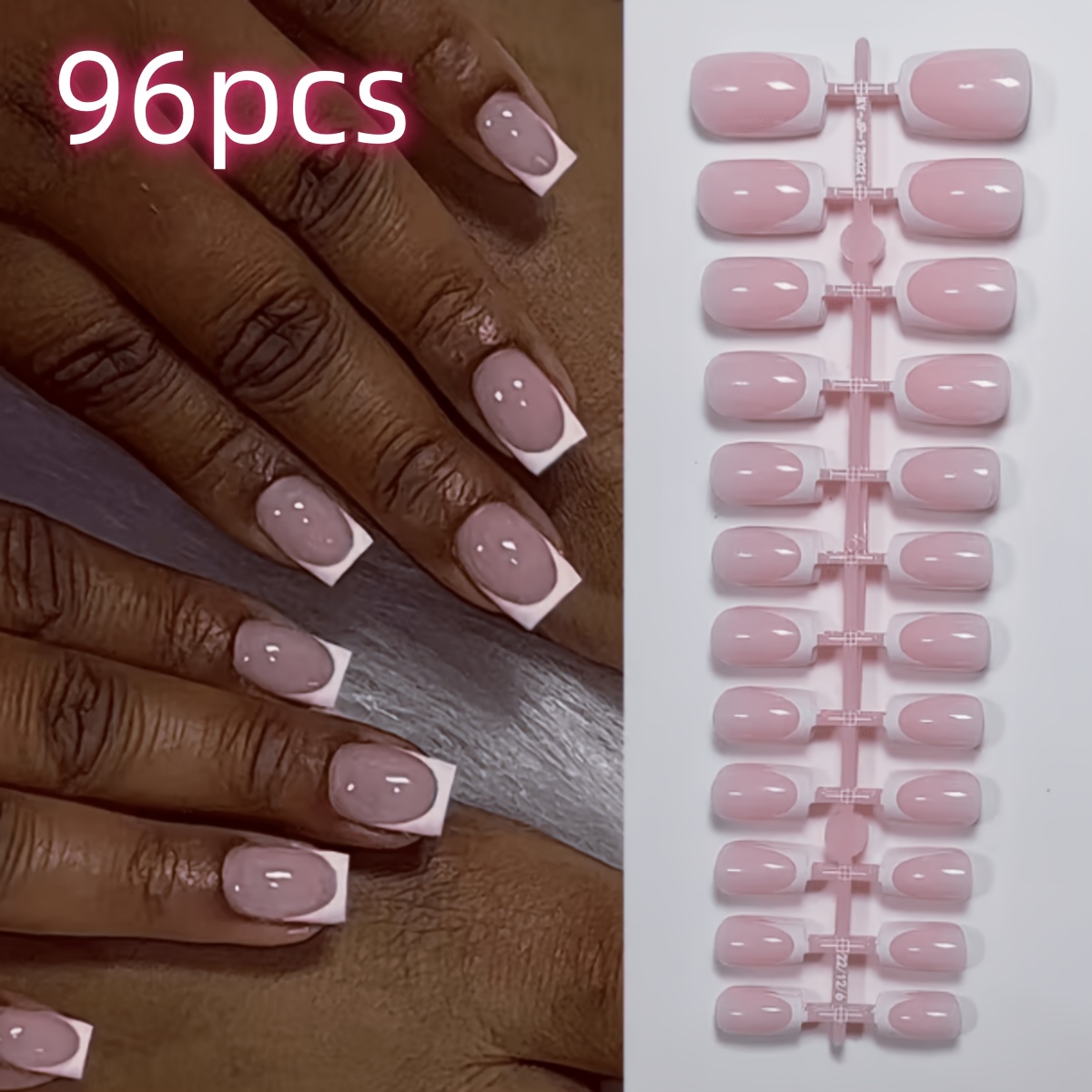TEMU 96pcs Short Square Foundation White Edge Press-on Nails, Fashionable Easy Fake Nails Enhance Your Temperament, Suitable For Women And On