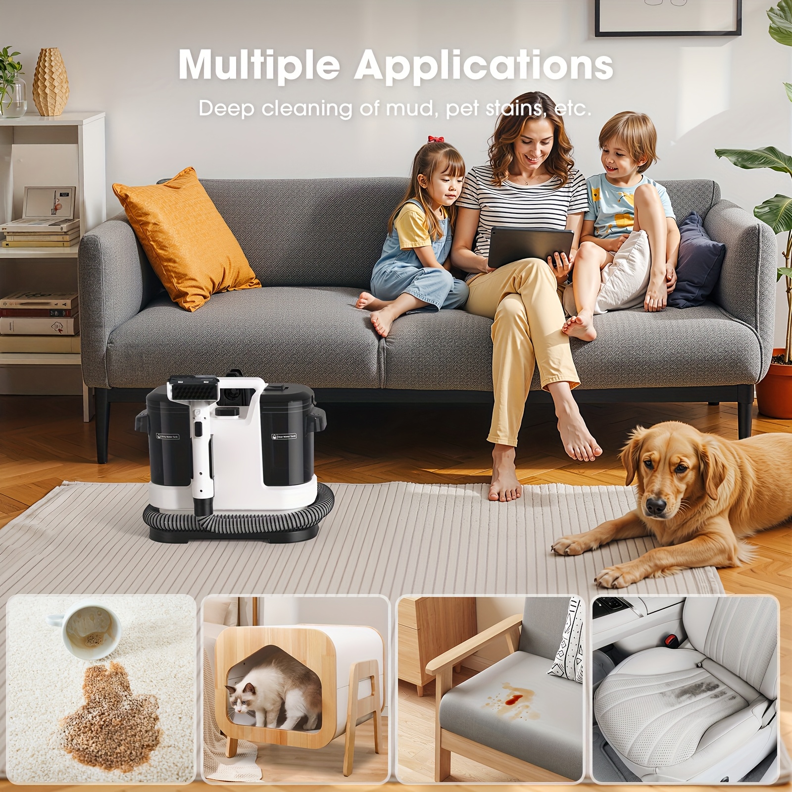 Portable Carpet Cleaner Machine, Carpet Shampooer, 13.5Kpa Upholstery Cleaner With 5 Tools, 59.17 Oz Large Water Tank, 5.0meter Power Cord, Spot And Stain Deep Cleaner For Rug, Couches, Car (Black)