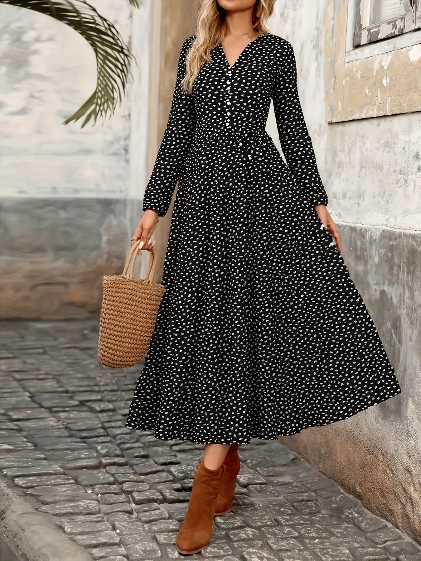 womens elegant black polka dot v neck long sleeve dress a - Temu United  Arab Emirates