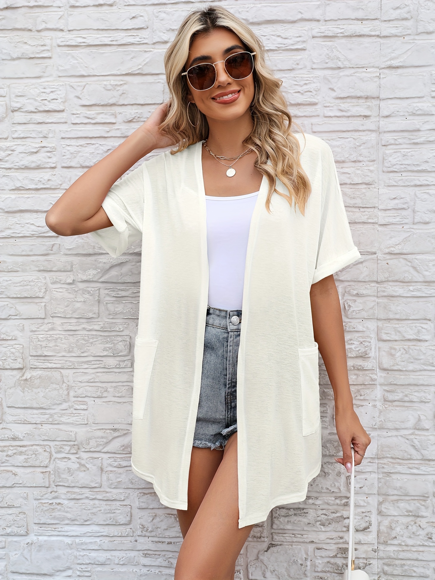 Renée Collection Lightweight Open Front Cardigan For Women - Classic Short Sleeve Solid Cover-Up