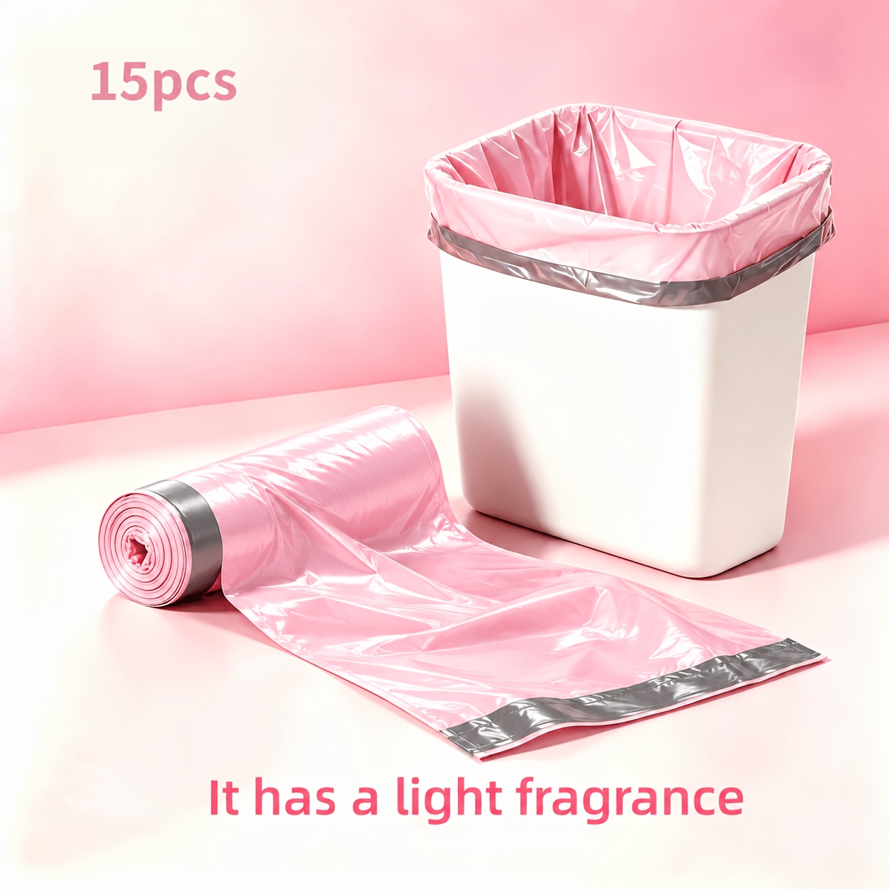 TEMU 1 Roll Of 15pcs Thickened, " Pink" Scented Drawstring Trash Bags; Features Built-in Fragrance And High Tear Resistance; Suitable For Kitchens,