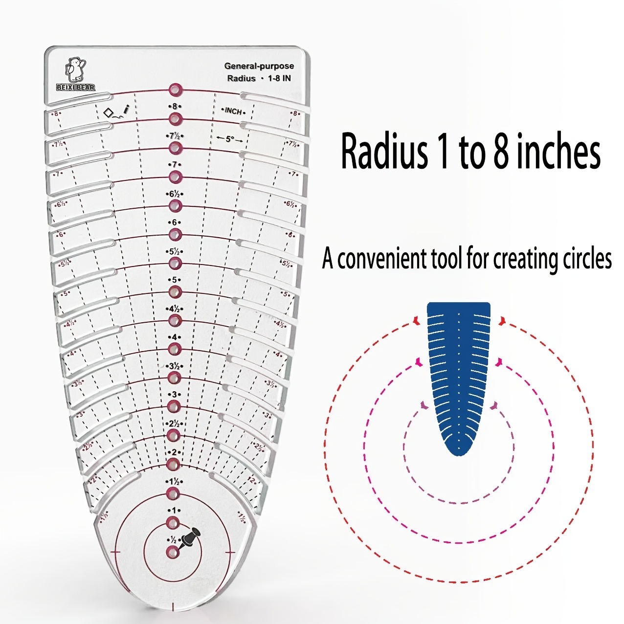 TEMU 1pc Cutting Template For Sewing, A Ruler For Cutting Radii And Circles, With 2 Measurement Units 1-25cm 0-8inch, Used For Quilting, Sewing,