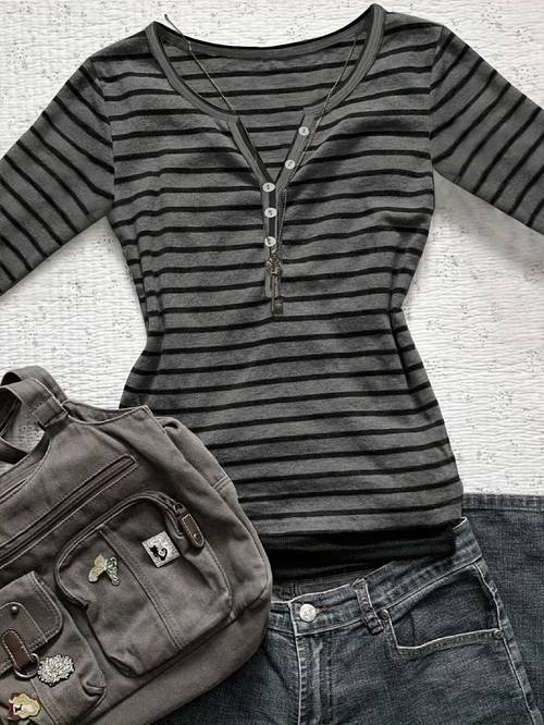 womens fashion casual button stripe long sleeve t shirt top